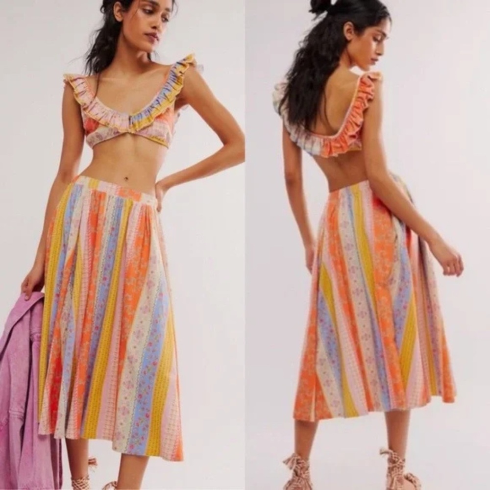 Free People As It Was Floral Stripe Midi Skirt